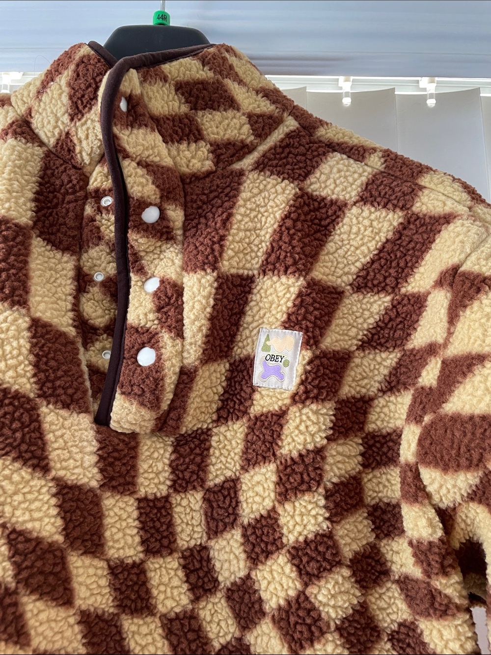 Urban Outfitters- Obey- Brown & Cream wavy Checkerboard Sherpa Pullover- women S - Picture 2 of 6